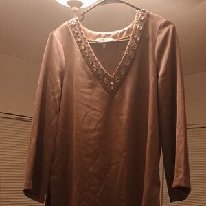 Elegant Brown V-Neck Embellished Top